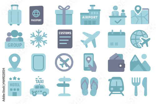 Travel icons representing various elements of a journey including transportation, accommodation, and activities