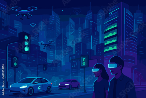 Futuristic cityscape at night showcasing drones, smart vehicles, and augmented reality technology in urban life