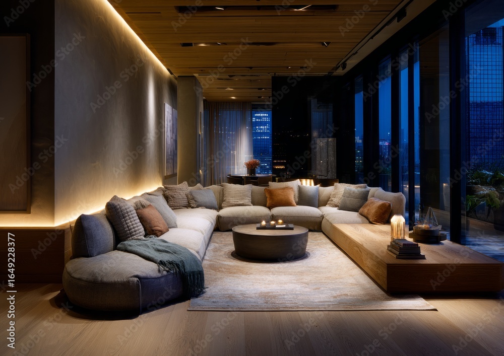 Fototapeta premium Modern living room with sectional sofa and city view.