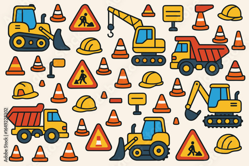 Construction site elements in vibrant colors featuring cones, signs, and machinery for safety and work