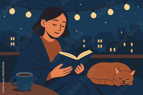 Cozy evening reading on a balcony with a cat and a warm drink in a city landscape at night
