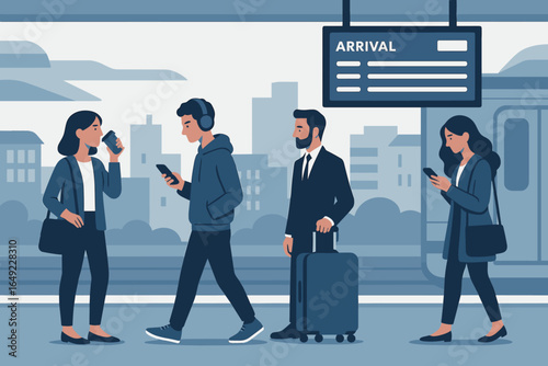 Commuters waiting at a modern train station while using their mobile devices during the early morning rush hour