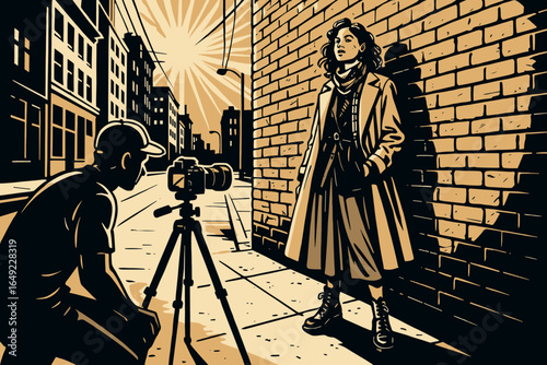 Young woman posing for a photographer on a city street during golden hour with buildings in the background