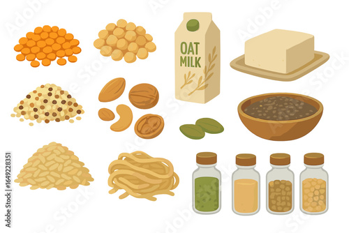 Variety of plant-based ingredients and spices on a clean background for healthy cooking and nutrition