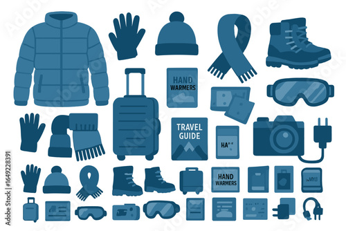 Warm clothing and travel essentials for cold weather adventures in winter months