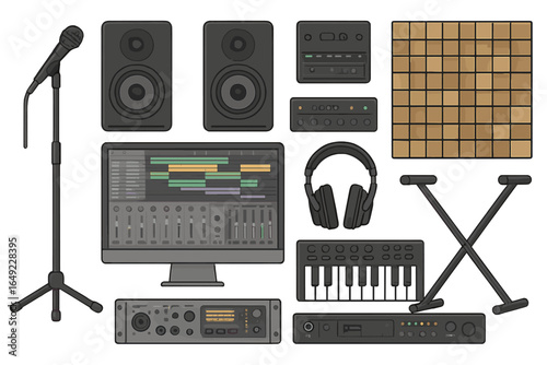 Music production setup featuring microphone, speakers, monitor, and various recording equipment in a studio environment