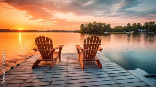 two adirondack chairs on a wooden dock, sunset over a calm lake, trees on the shore, glowing sky, peaceful serene landscape, photorealistic, 8k, highly detailed, cinematic lighting
