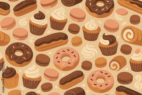 Colorful dessert assortment featuring donuts, macarons, and cupcakes on a beige background