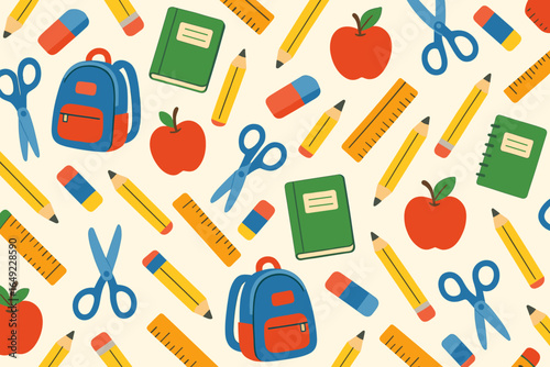 Back to school supplies pattern featuring backpacks, apples, and stationery in vibrant colors