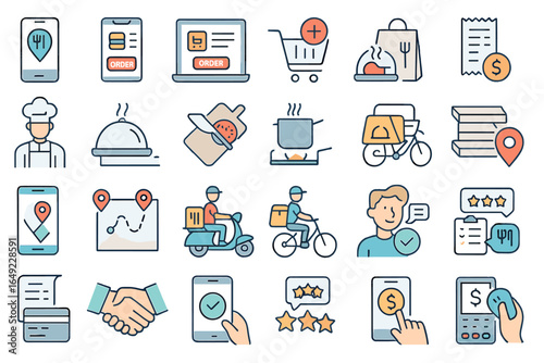Digital icons representing food delivery services, online ordering, payment methods, and customer feedback in a modern urban environment