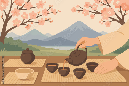 Serene tea pouring ceremony in spring landscape with cherry blossoms and mountains