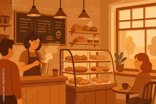 Cozy bakery atmosphere with a barista preparing coffee for customers on a serene afternoon