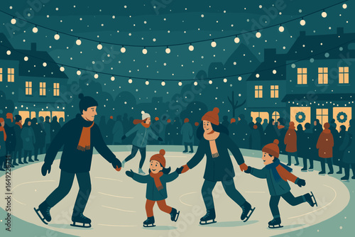 Families enjoy ice skating in a festive winter setting under twinkling lights during a chilly evening