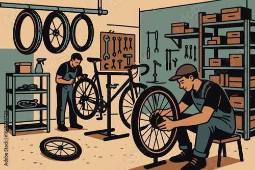 Mechanics repair bicycles and assemble wheels in a busy workshop in the afternoon light