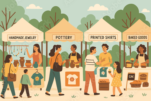 Community market features handcrafted goods and local vendors during the sunny afternoon in a vibrant outdoor setting