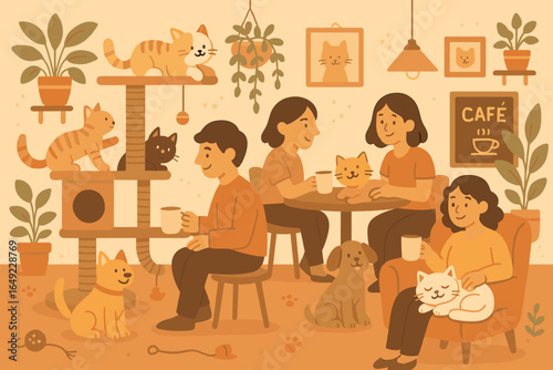 Enjoying a cozy afternoon at a cat cafe where visitors interact with playful felines and relaxing pets in a warm atmosphere