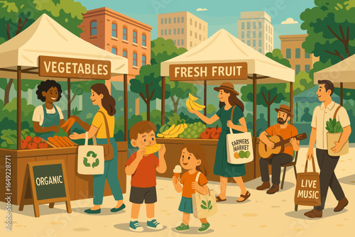 Farmers market in a vibrant urban setting with live music and fresh produce being sold by friendly vendors