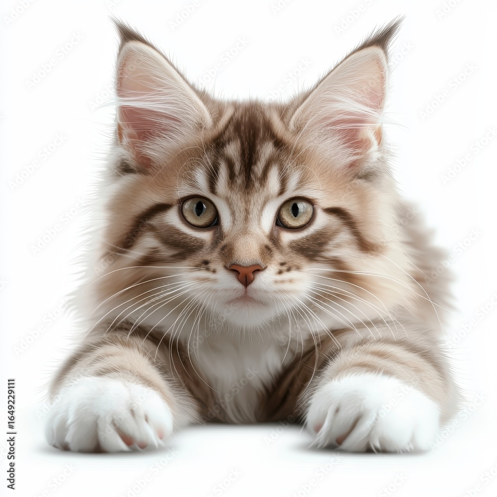 Obraz premium a cute Maine Coon kitten clipart, long-haired cat breed, digital art, soft grey tones, isolated on white background