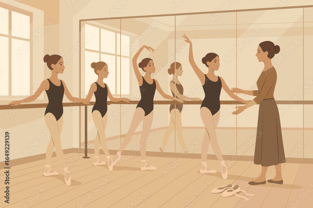 Fototapeta premium Illustration of young ballet students practicing at barre with instructor in mirrored dance studio, girls in black leotards and tights, warm neutral tones