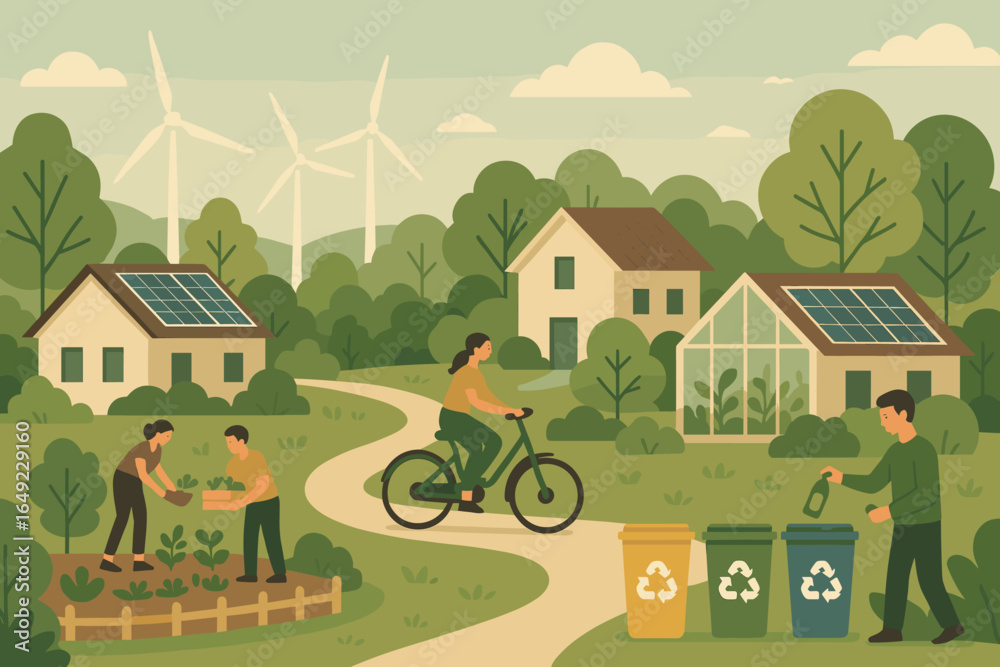 Naklejka premium Eco-Friendly Community with Solar Panel Homes, Wind Turbines, Gardening, Recycling, and People Using Sustainable Transportation