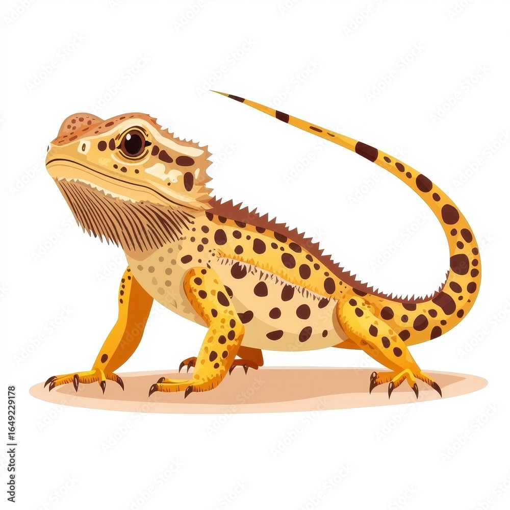 Fototapeta premium a curious bearded dragon clipart, exotic lizard pet artwork, flat vector style, earthy hues, isolated on white background