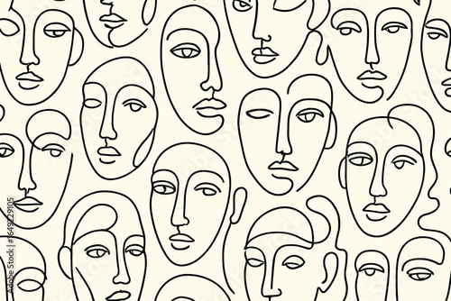 Seamless abstract one-line faces pattern in minimalist continuous line drawing style on cream background