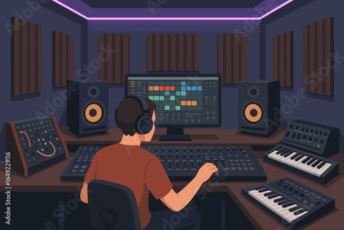 Illustration of a music producer in a modern recording studio, wearing headphones and working at a mixing console, surrounded by synthesizers
