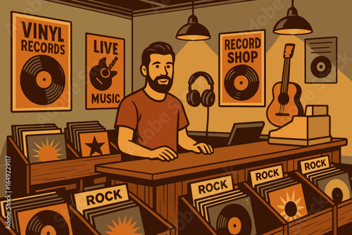 Illustration of vintage record shop with vinyl albums, rock music section, music posters, shopkeeper behind counter, guitar, and warm retro color palette