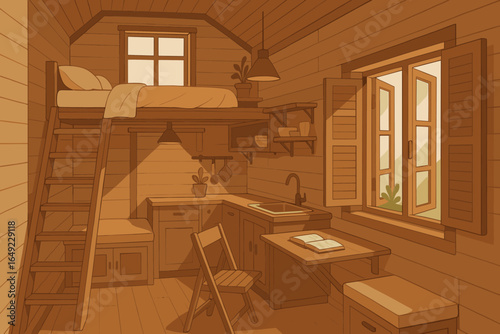 Cozy illustration of tiny house interior with loft bed, wooden kitchen, foldable table, open window, warm lighting, and potted plants