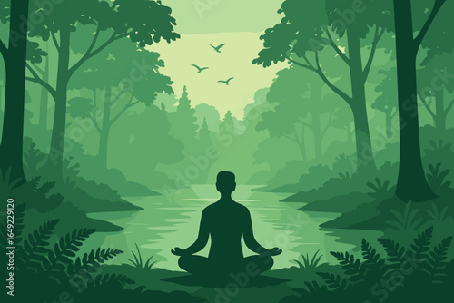 Tranquil illustration of person meditating by a peaceful forest river with birds flying overhead, surrounded by lush green trees and plants