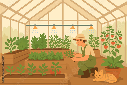 Illustration of person gardening inside greenhouse with vegetables, tomatoes, irrigation system, and cat resting on floor