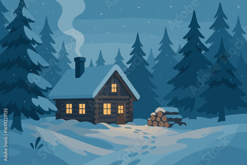 Cozy log cabin in snowy pine forest with warm glowing windows, smoke from chimney, and stacked firewood