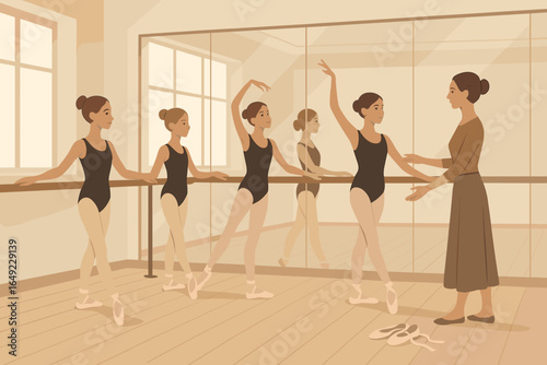 Illustration of young ballet students practicing at barre with instructor in mirrored dance studio, girls in black leotards and tights, warm neutral tones
