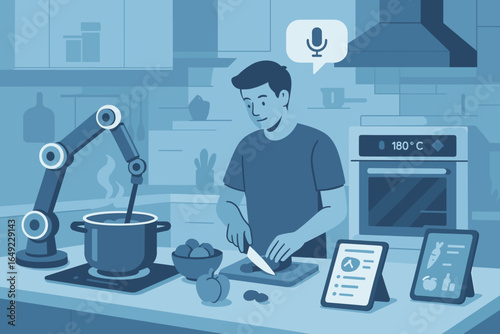 Illustration of man cooking in smart kitchen with voice control, robotic arm stirring pot, smart oven, and digital recipe and grocery list tablets