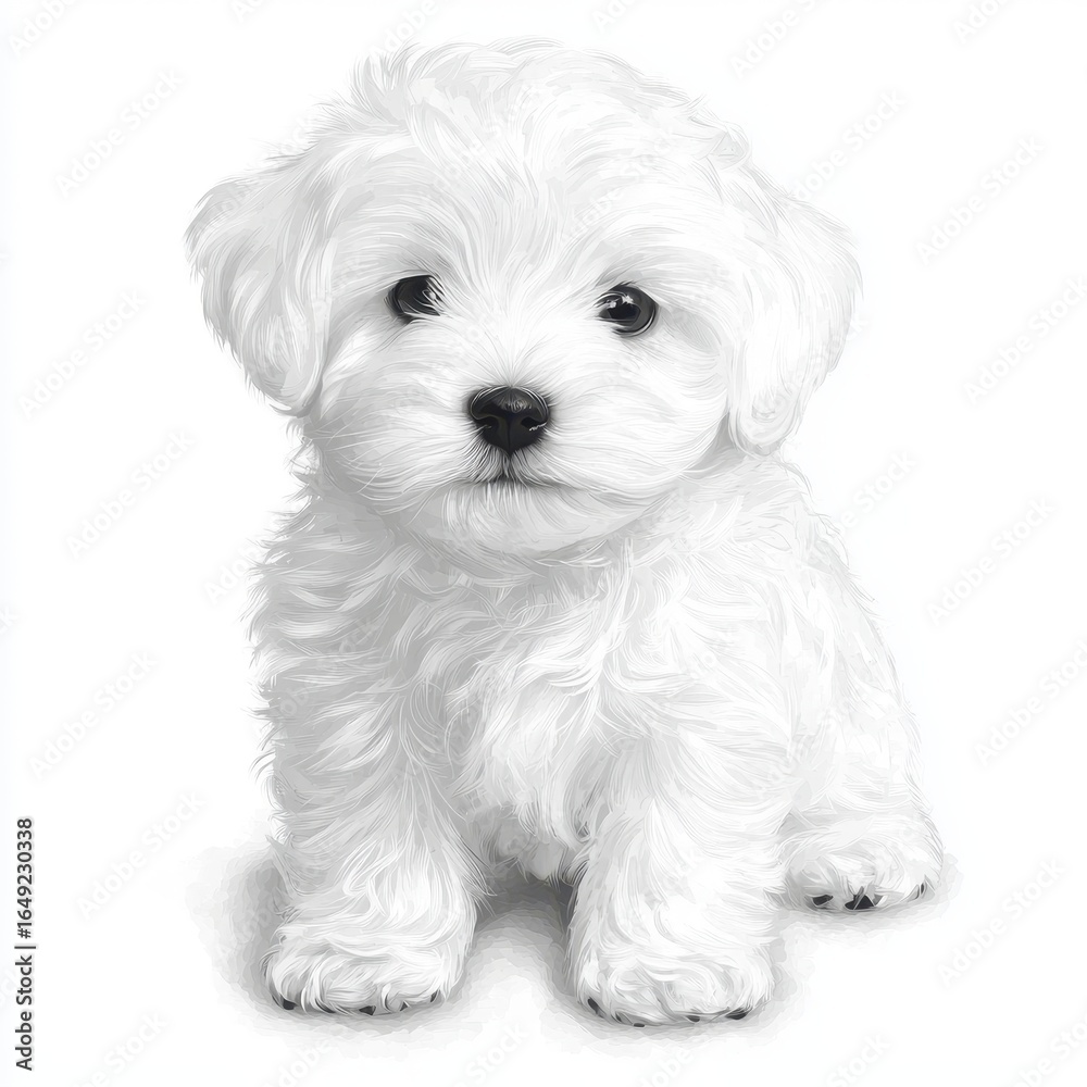 Obraz premium a fluffy Maltese puppy clipart, tiny dog breed artwork, digital art, white tones, isolated on white background