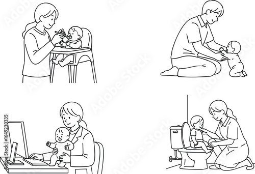 Vector illustration of adult child interaction, feeding baby, playing, toilet training, parenting moments, daily care, emotional bonding, family routine, childcare