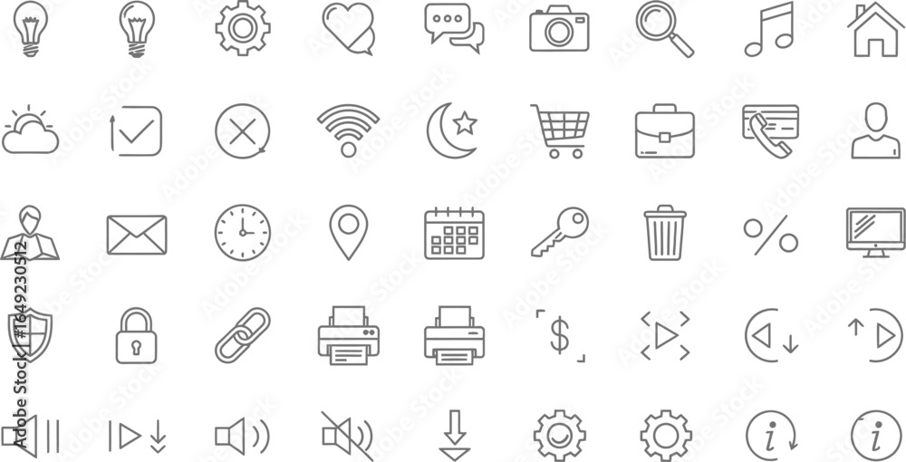 A collection of various outline icons arranged in a grid pattern on a white background A collection of various outline icons arranged in a grid pattern on a white background