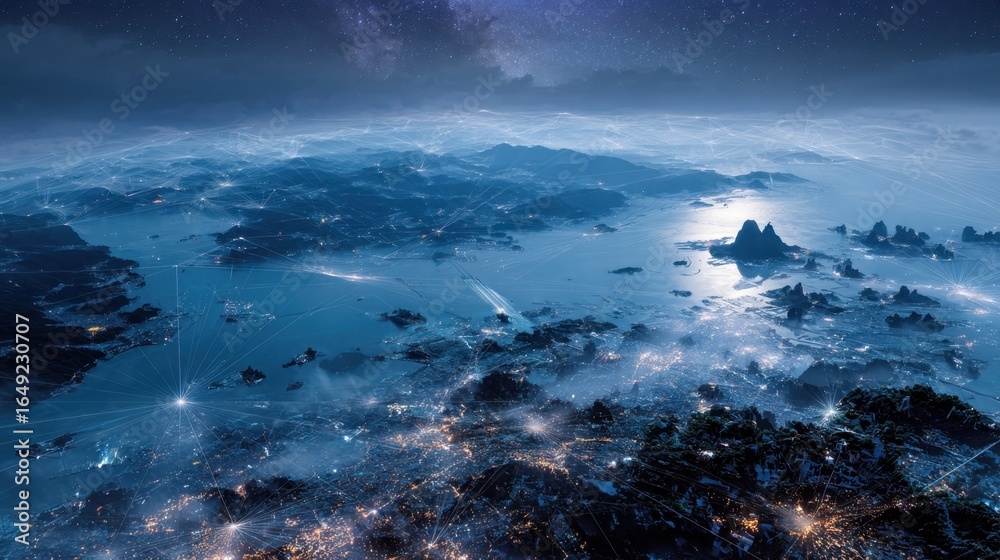 Naklejka premium A breathtaking aerial view reveals a sprawling cityscape nestled amidst mountains and bodies of water, illuminated by twinkling lights under a starlit sky.