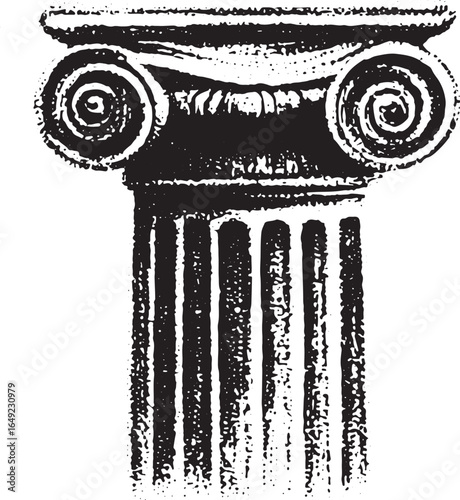 Ionic column capital with fluted shaft, scrolls, and antique ornament. Classical architecture element in black and white vector illustration.