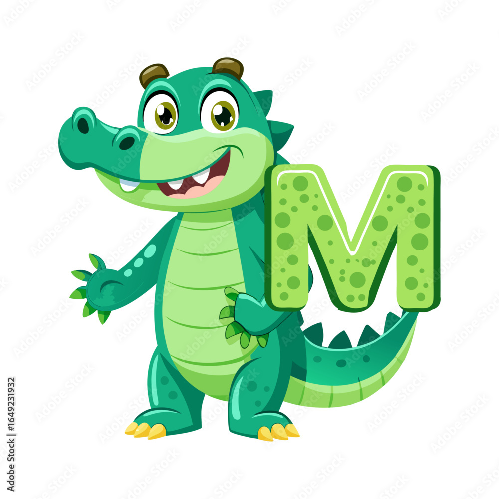 Naklejka premium Playful Alligator Character with Big Alphabet M, Cute Animal Cartoon Illustration for Kids Education, Children Book and Learning Design