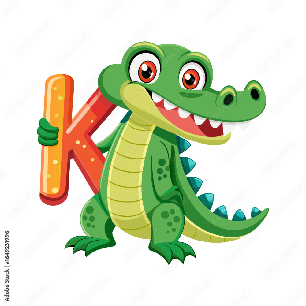 Naklejka premium Playful alligator cartoon character with oversized alphabet K, fun children’s book illustration, cute animal vector art for kids learning