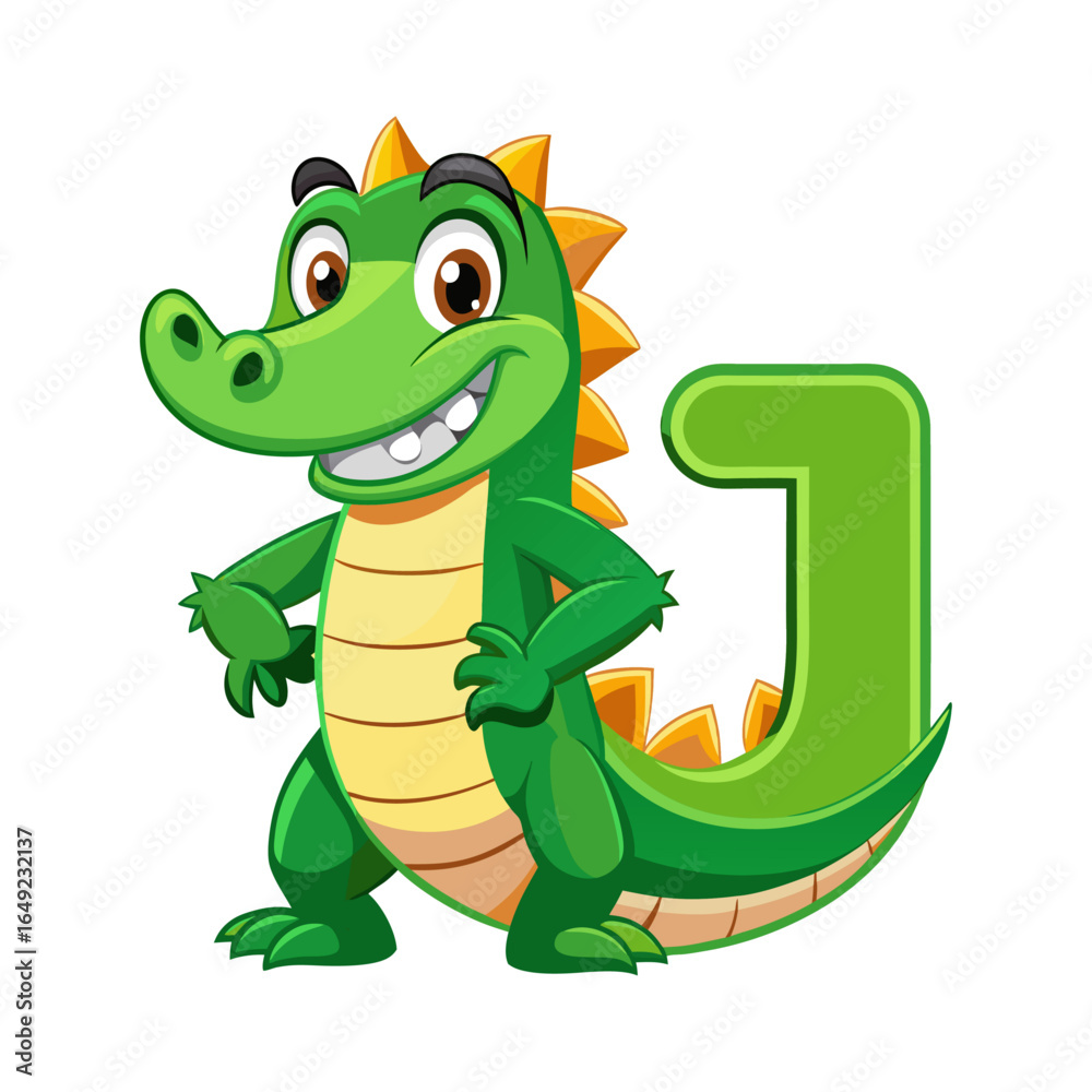 Fototapeta premium Playful alligator character holding giant alphabet J, cute cartoon reptile design for kids learning, nursery wall art, children book illustration