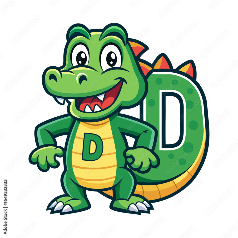 Obraz premium Playful alligator character holding giant alphabet D, fun cartoon animal illustration for children book learning, kids education vector art