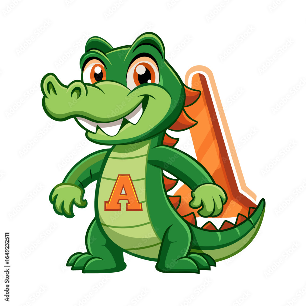 Fototapeta premium Playful alligator character holding giant alphabet A, fun educational animal vector illustration for children book cover and learning design