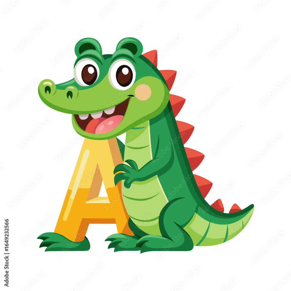 Fototapeta premium Playful alligator character holding giant alphabet A, fun educational animal vector illustration for children book cover and learning design