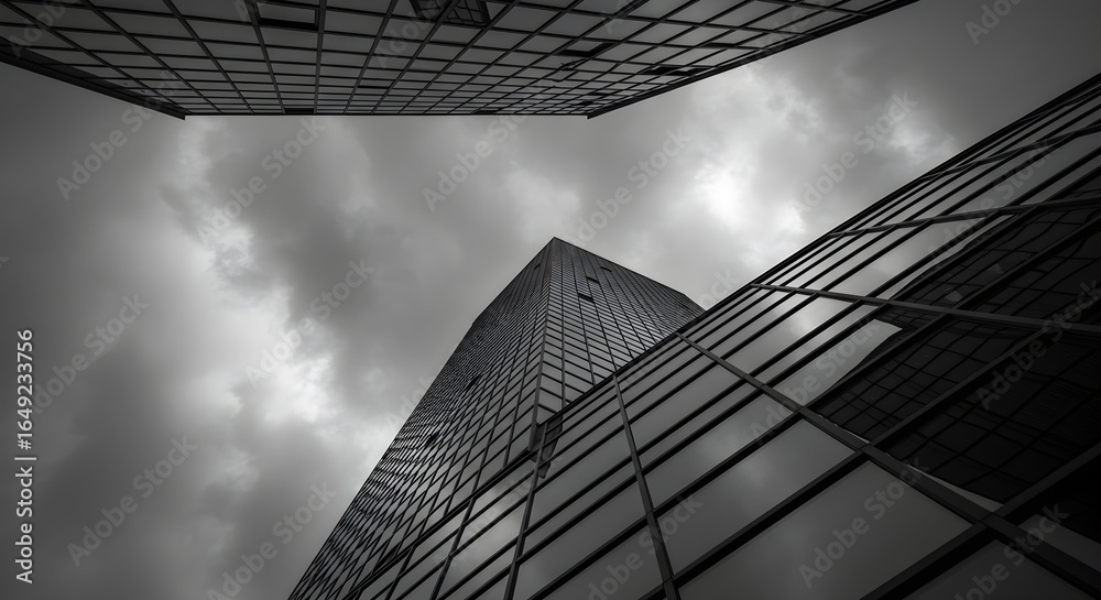 Fototapeta premium Monochrome Ultra-Modern Skyscraper Reflected Storm Clouds