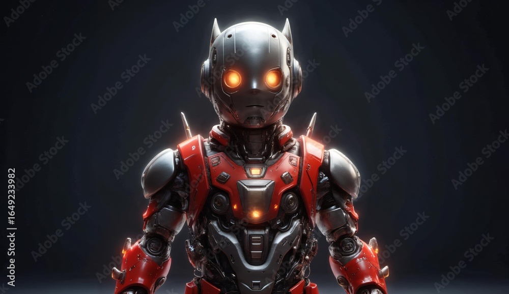 Naklejka premium Robotic Figure with Red and Black Armor and Glowing Eyes