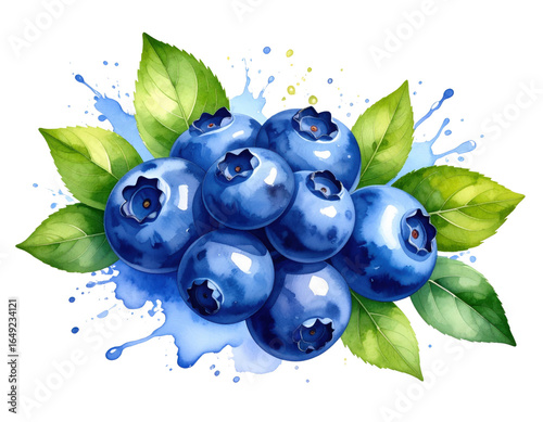 Watercolor blueberries with green leaves and blue paint splash effects on transparent background