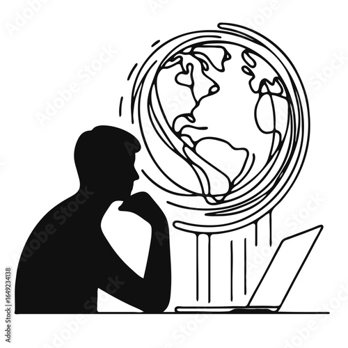 Man working at the laptop with world in the background. black and white vector
