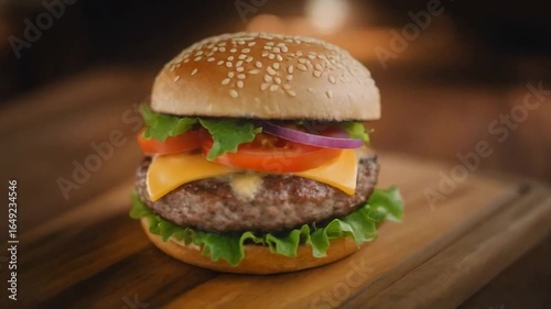 Classic delicious cheeseburger with fresh lettuce, tomato, and onion on a wooden board with a dark background.